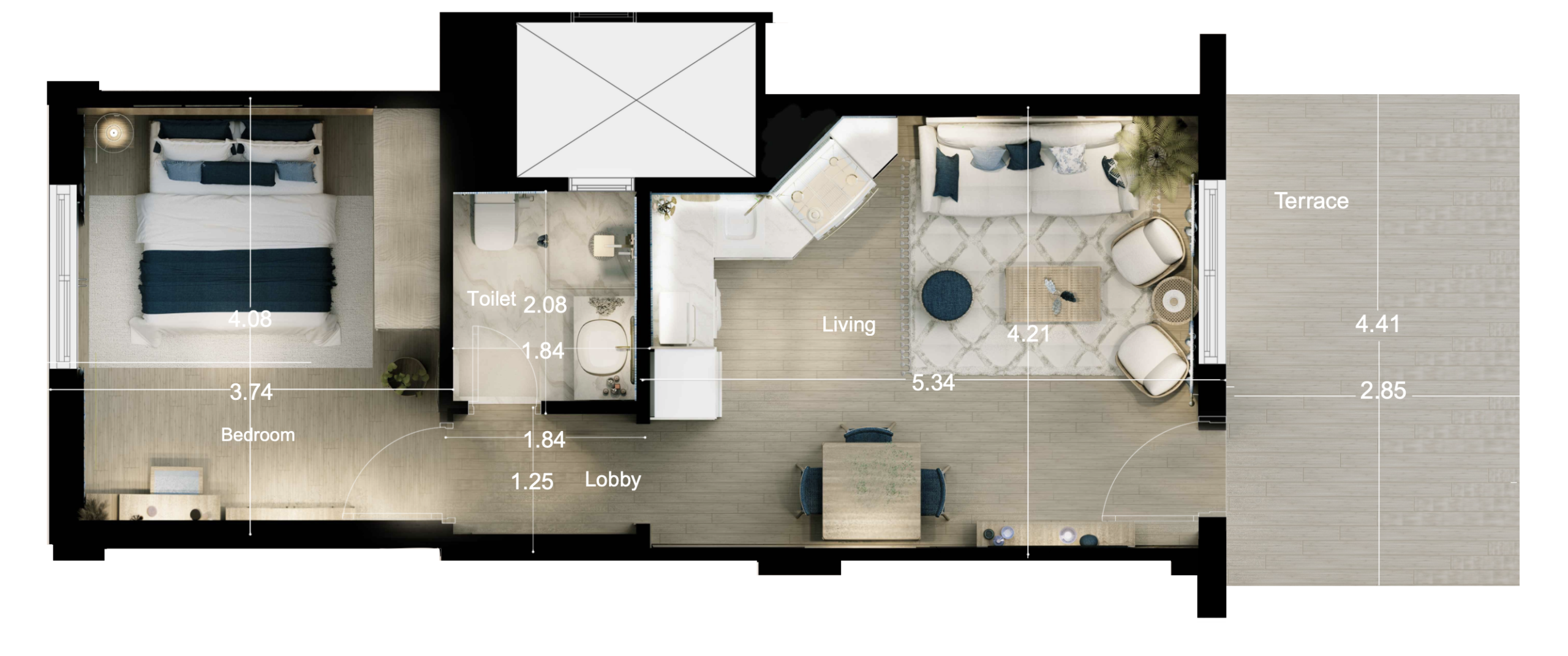 65 Sqm 1-bedroom apartment plan
